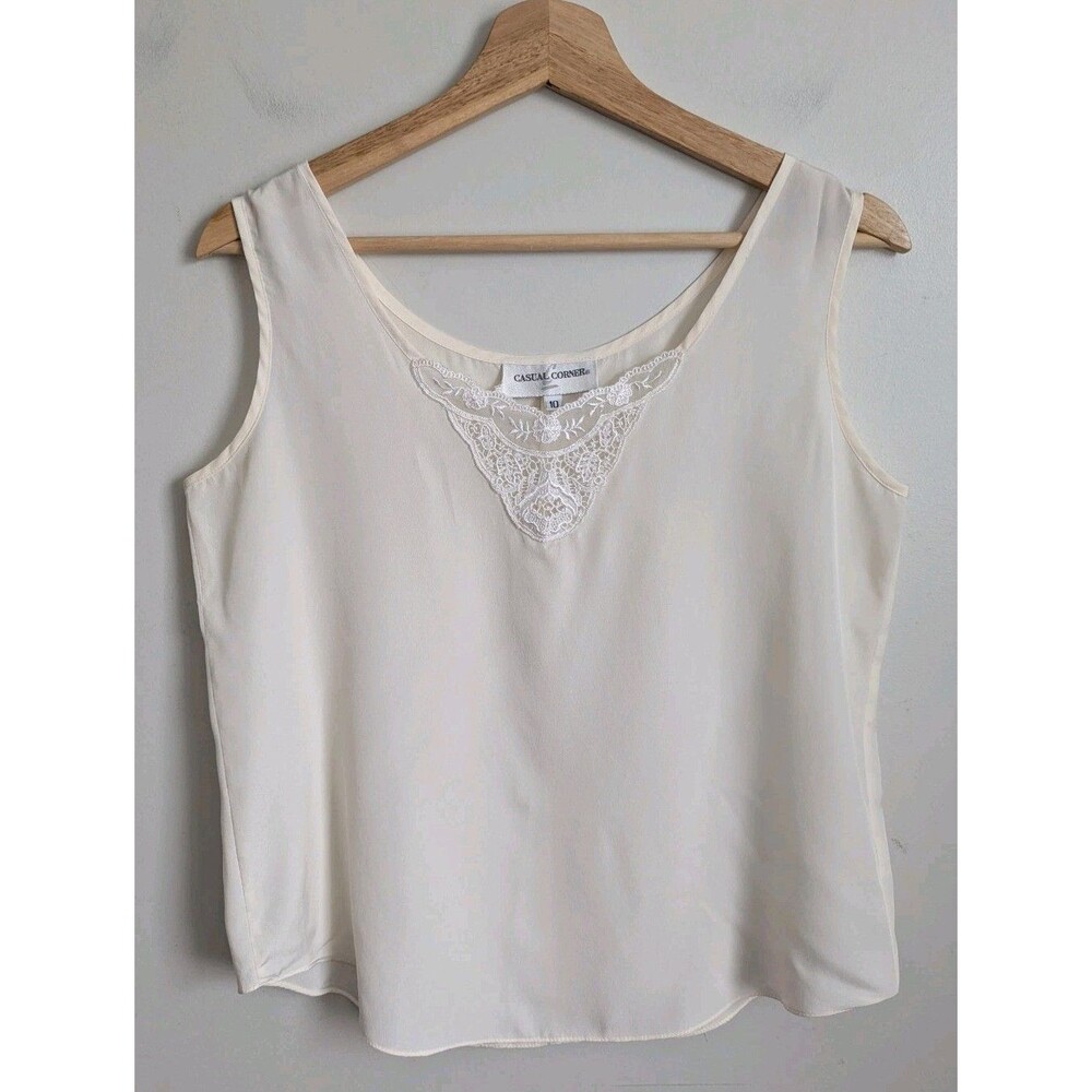 Vtg Ivory Silky Camisole Tank Top Lace Trim Sz 10 Casual Corner Coquette Y2K 90s